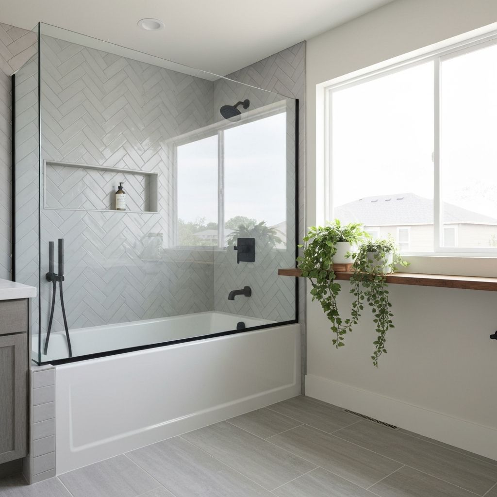 Tub to shower conversion with herringbone tile in Oakville